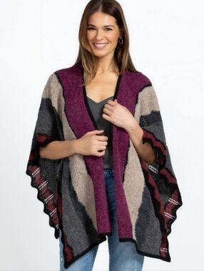 Johnny Was Riley Alpaca Cape In Purple, Gray, Cream Striped Open-Front Poncho
